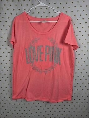 Victorias Secret PINK Neon Bling Glitter Crest Logo Tee shirt LARGE
